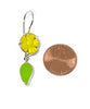 Carved Yellow Stone Flower with Lime Green Stained Glass Leaf Double Drop Earrings