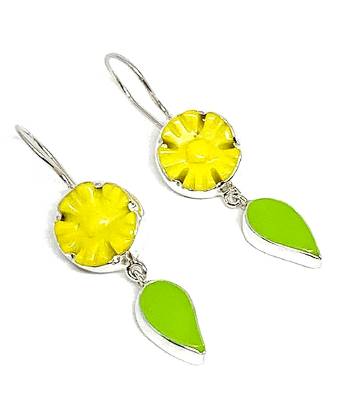 Carved Yellow Stone Flower with Lime Green Stained Glass Leaf Double Drop Earrings