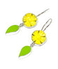 Carved Yellow Stone Flower with Lime Green Stained Glass Leaf Double Drop Earrings