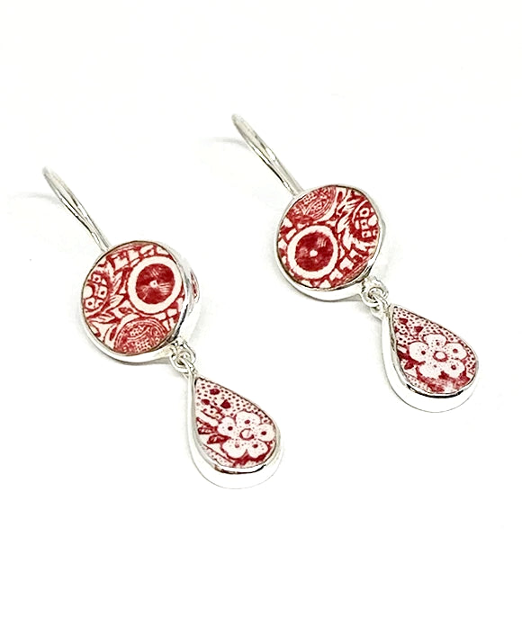 Red & White Vintage Pottery Double Drop Earrings