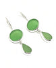 Round Green and Green Tear Drop Sea Glass Double Drop Earrings