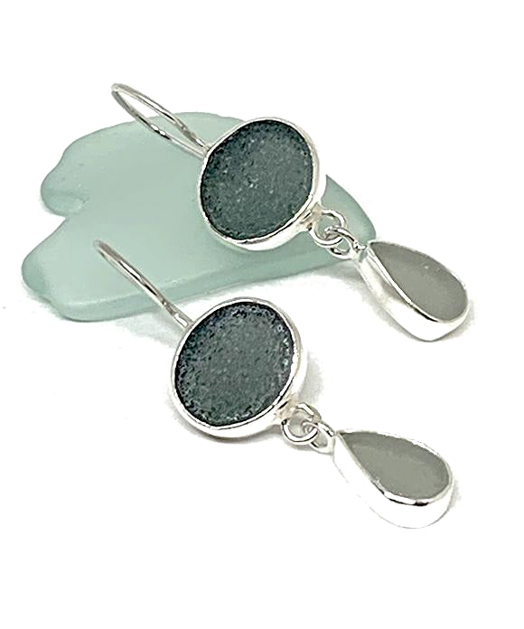 Dark & Light Grey Sea Glass Double Drop Earrings