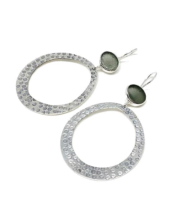 Gray Oval Sea Glass Hoop Earrings
