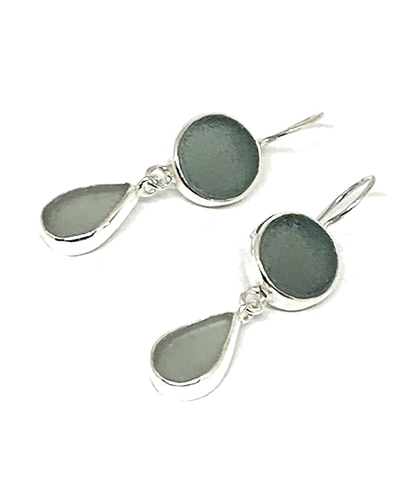 Dark Grey & Light Grey Sea Glass Double Drop Earrings