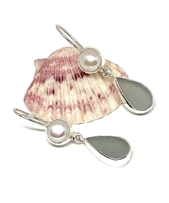 Light Grey Sea Glass with Pearl Earrings Double Drop Earrings