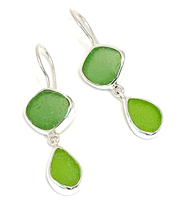 Bright Greens Sea Glass Double Drop Earrings