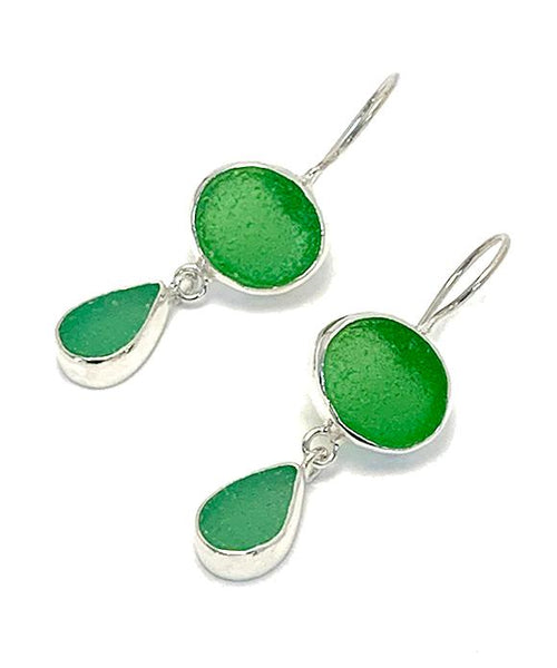 Green and Green Sea Glass Double Drop Earrings