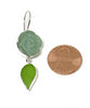 Hand Carved Green Stone Flower with Green Sea Glass Leaf Double Drop Earrings