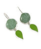 Hand Carved Green Stone Flower with Green Sea Glass Leaf Double Drop Earrings
