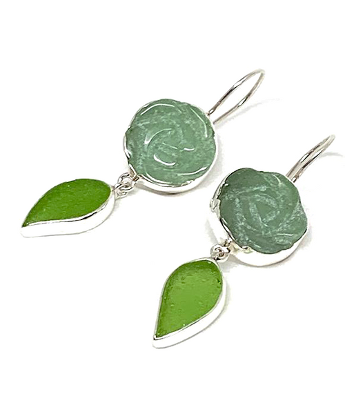 Hand Carved Green Stone Flower with Green Sea Glass Leaf Double Drop Earrings