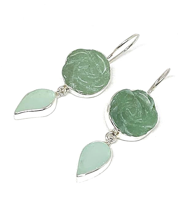 Hand Carved Aventurine Stone Flower with Soft Mint Sea Glass Leaf Double Drop Earrings