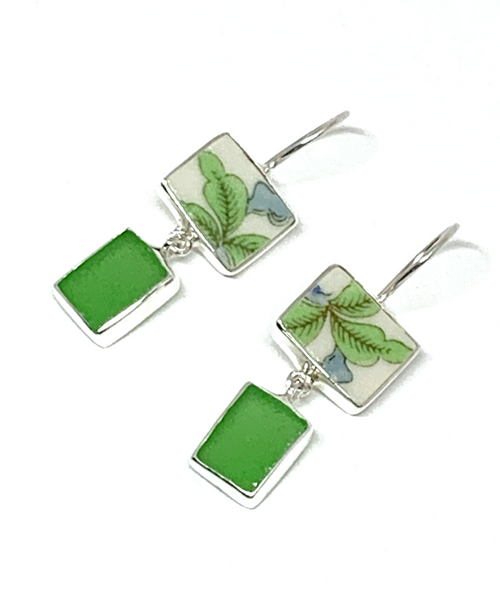 Green Leaf Vintage Pottery with Bright Green Sea Glass Double Drop Earrings