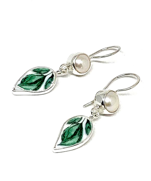 Green Leaf Vintage Pottery with Pearl Double Drop Earrings