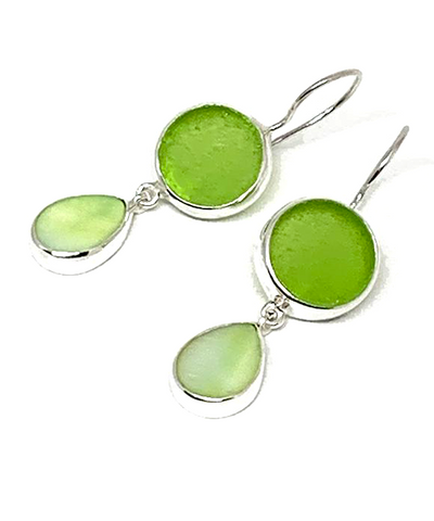Green Sea Glass with Lime Green Mother of Pearl Double Drop Earrings