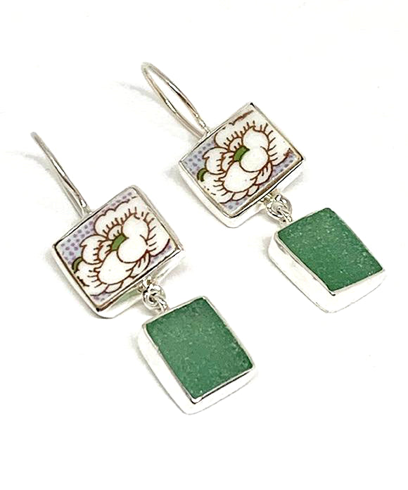 White Flower Vintage Pottery with Green Sea Glass Double Drop Earrings