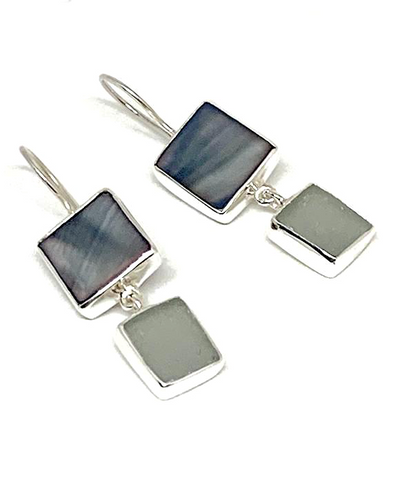 Dark Grey Mother of Pearl & Grey Sea Glass Double Drop Earrings