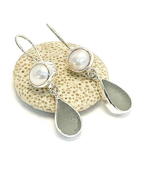 Grey Sea Glass with Pearl Earrings Double Drop Earrings