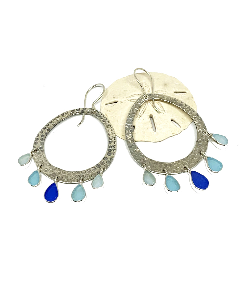 Five Drop Light Blue, Aqua & Soft Blue Sea Glass Hoop Earrings