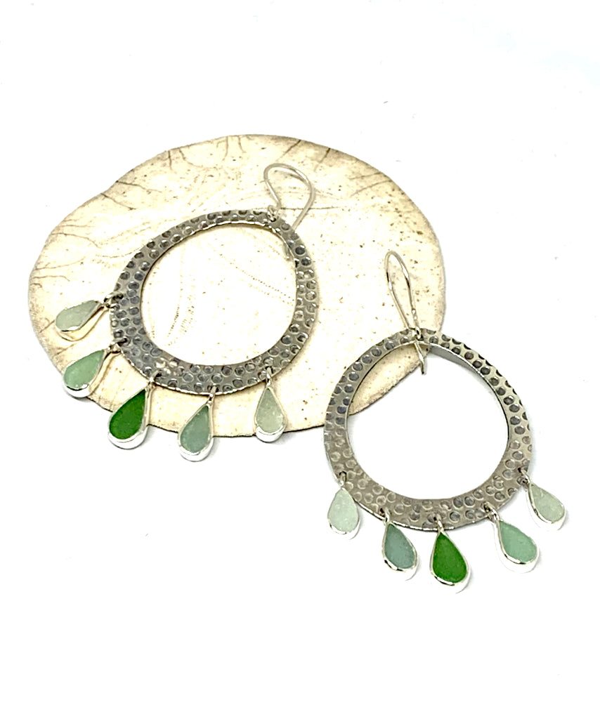 Five Drop Light Olive Green, Aqua & Clear Sea Glass Hoop Earrings