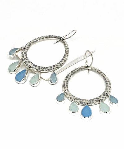 Five Drops of Bright Aqua & Coke Bottle Blue Sea Glass Hoop Earrings