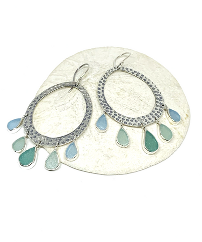 Five Drop Shades of Aqua Sea Glass Hoop Earrings