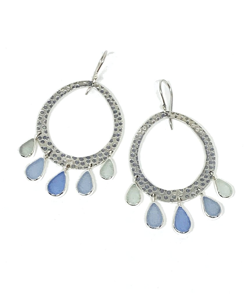 Five Drop Shades of Light Blues Sea Glass Hoop Earrings