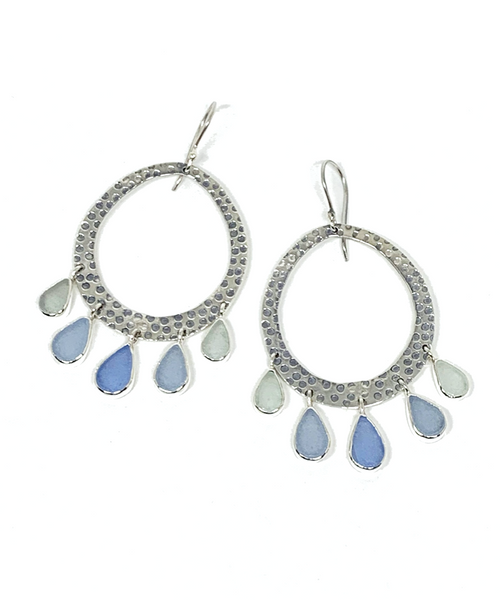 Five Drop Shades of Light Blues Sea Glass Hoop Earrings
