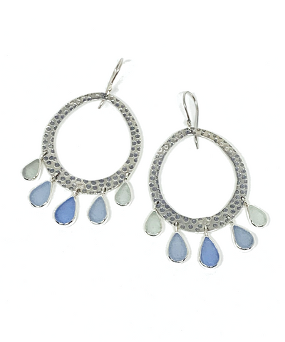 Five Drop Shades of Light Blues Sea Glass Hoop Earrings