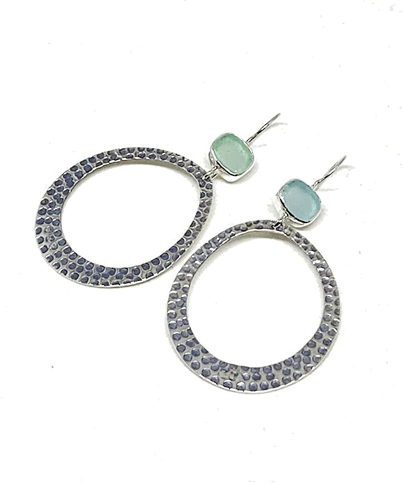 Square Aqua Sea Glass Hoop Earrings