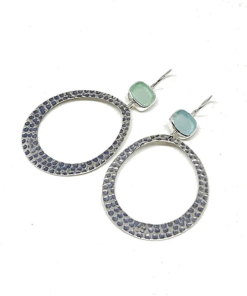 Square Aqua Sea Glass Hoop Earrings