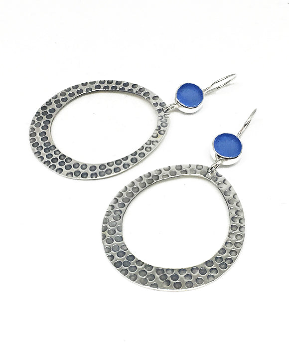 Round Denim Blue Sea Glass Hoop Earrings