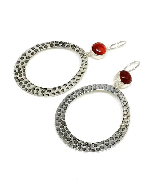 Carnelian Stone Hammered Hoop Earrings