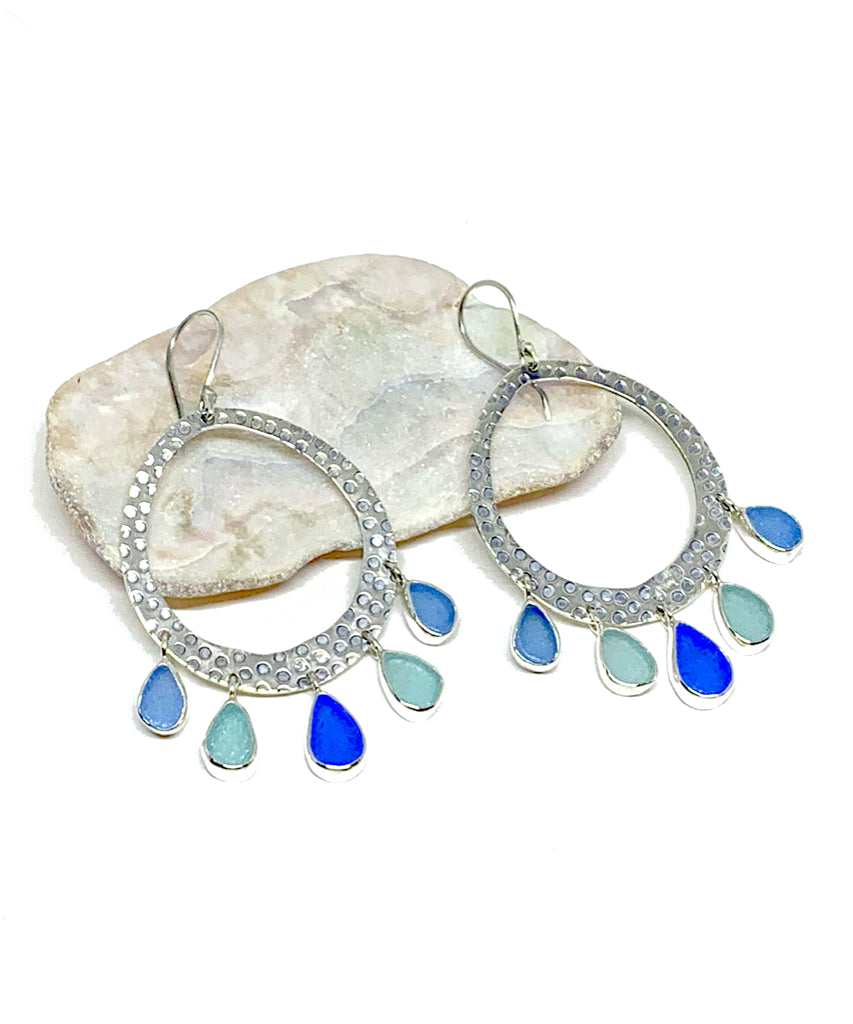 Five Drop Light Blue to Cobalt Sea Glass Hoop Earrings