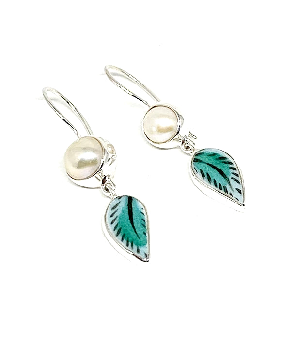 Green Leaf Vintage Pottery with Pearl Double Drop Earrings