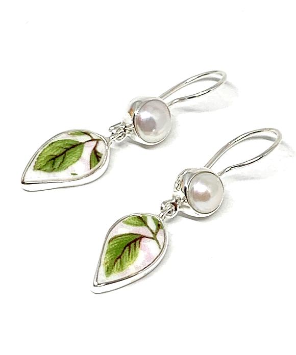 Green Leaf with Pink Vintage Pottery with Pearl Double Drop Earrings