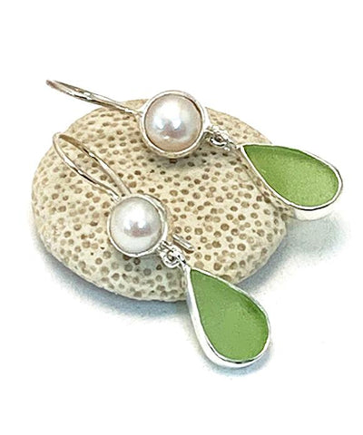 Lime Green Sea Glass with Pearl Earrings Double Drop Earrings