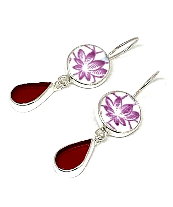 Purple Lotus Vintage Pottery with Raspberry Stained Glass Double Drop Earrings