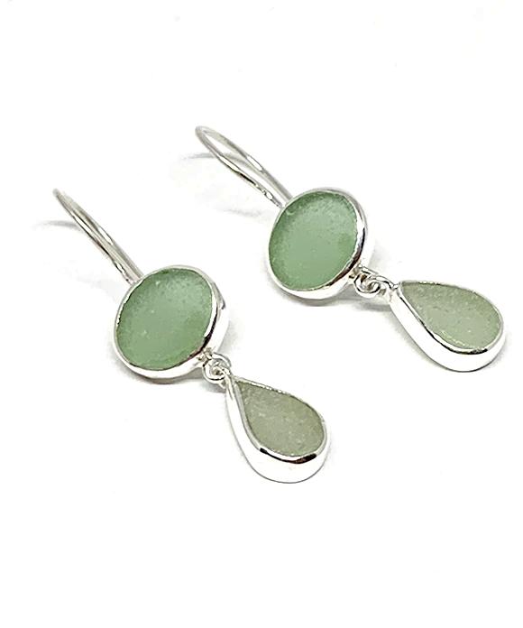 Light Green & Soft Sage Green Sea Glass Double Drop Earrings