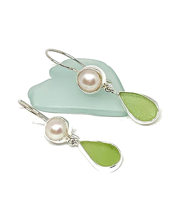 Light Lime Green Sea Glass with Pearl Earrings Double Drop Earrings