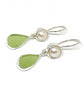 Light Lime Green Sea Glass with Pearl Earrings Double Drop Earrings