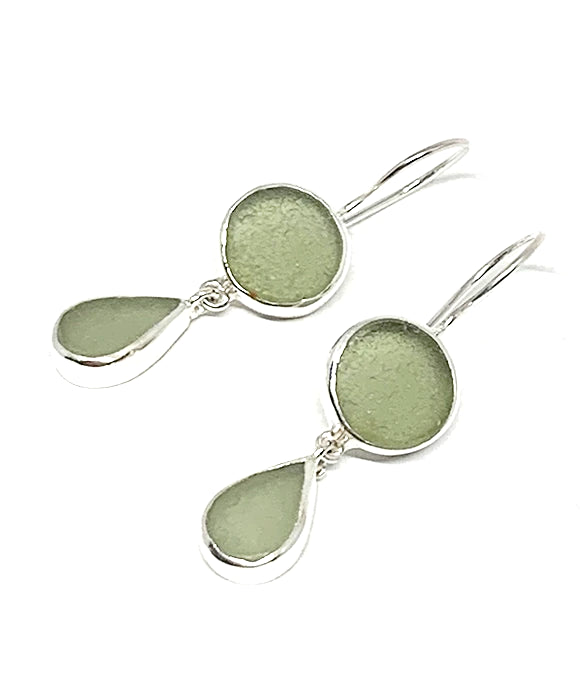 Round Light Olive and Light Olive Tear Drop Sea Glass Double Drop Earrings