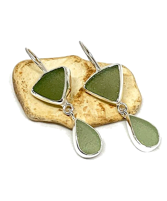 Olive & Sage Green Sea Glass Double Drop Earrings