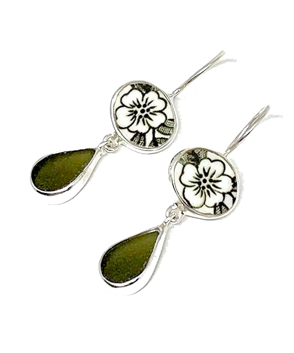 Olive & White Flower Vintage Pottery with Dark Olive Sea Glass Double Drop Earrings