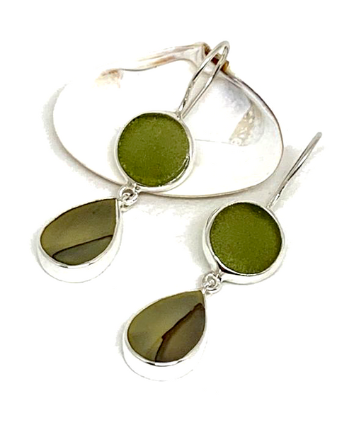 Olive Sea Glass with Grey Mother of Pearl Double Drop Earrings