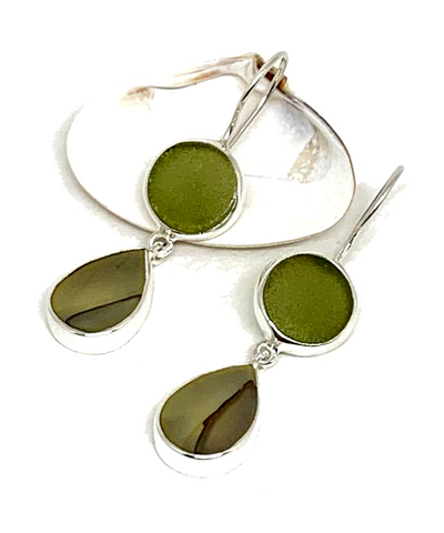Olive Sea Glass with Grey Mother of Pearl Double Drop Earrings