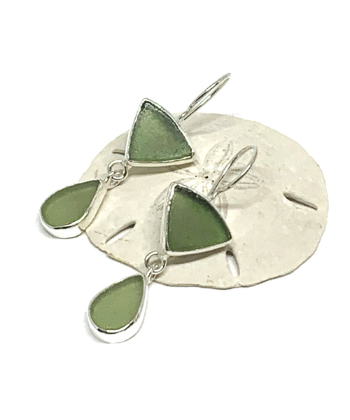 Dark Forest & Sage Green Sea Glass Double Drop Earrings