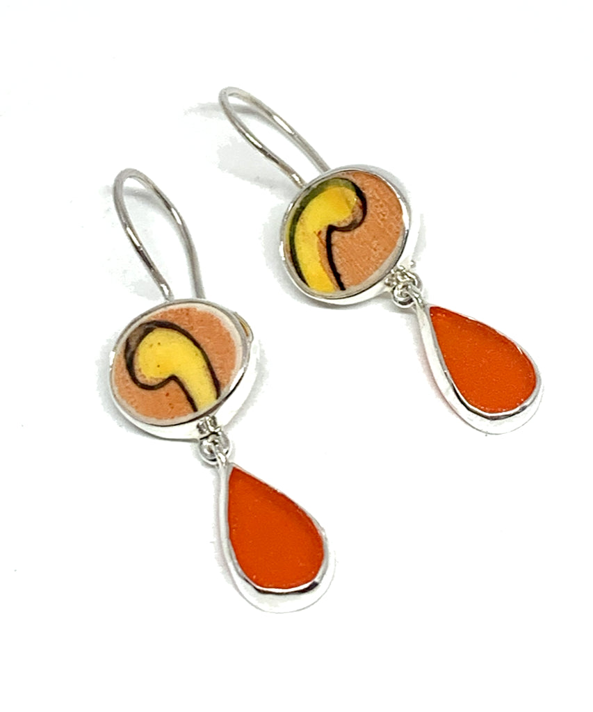 Orange & Yellow Vintage Pottery with Frosted Orange Glass Double Drop Earrings