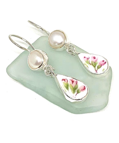 Delicate Pink Floral Vintage Pottery with Pearl Double Drop Earrings