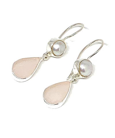 Pink Sea Glass with Pearl Earrings Double Drop Earrings