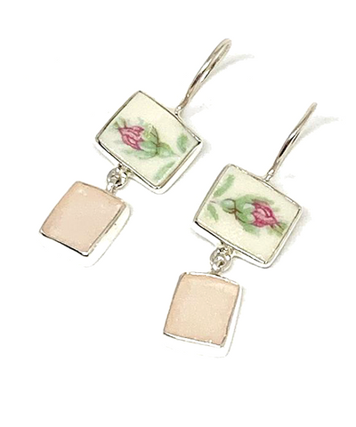 Pink Rosebud Vintage Pottery with Pink Sea Glass Double Drop Earrings